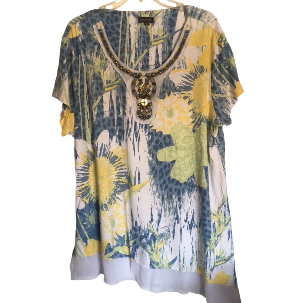 Multiples Short Sleeve Beaded Tunic Yellow, Blue, Ivory, Asymmetrical Hem XL